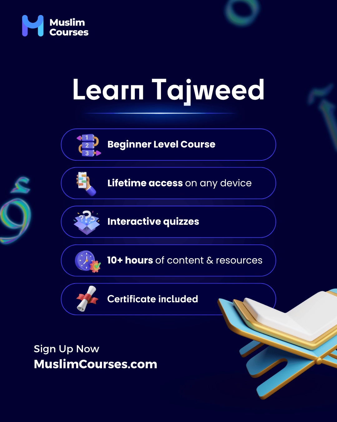 تعلّم التجويد والعربية: ما تتضمنه كل دورة., slide 1 of 5