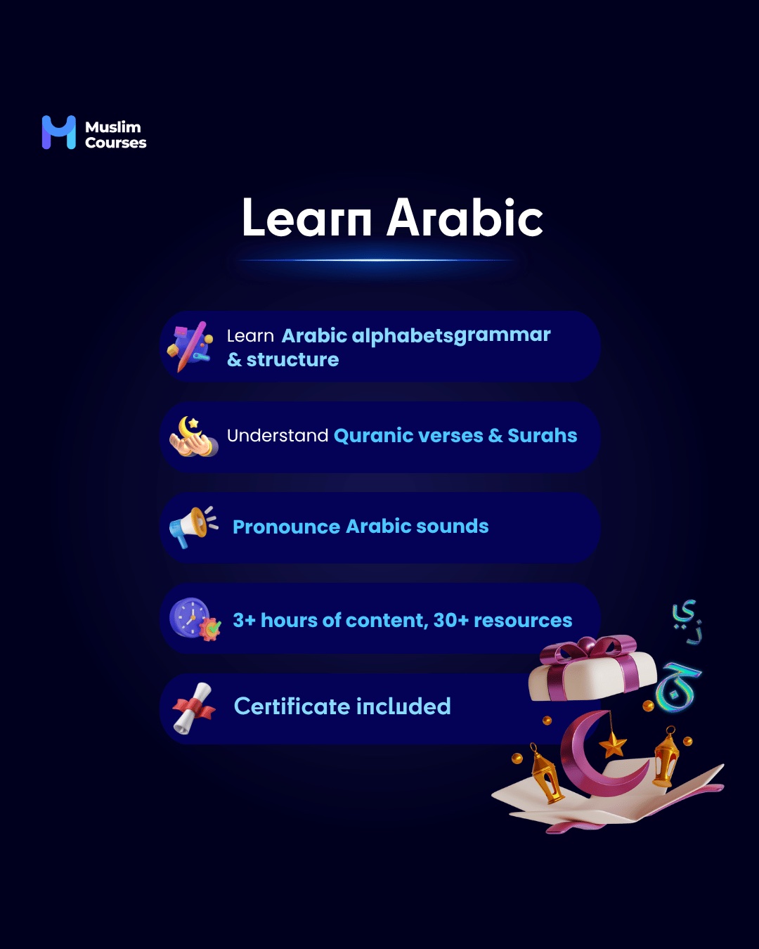 تعلّم التجويد والعربية: ما تتضمنه كل دورة., slide 4 of 5