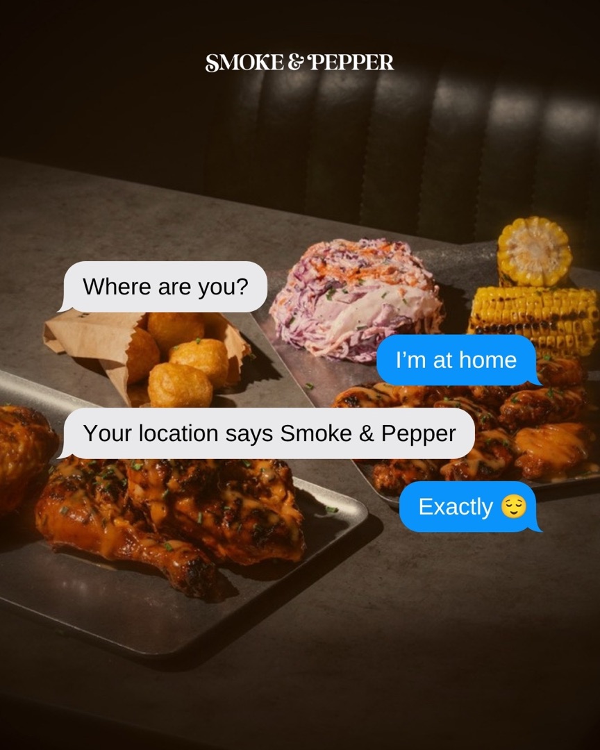 منشور إنستغرام على هيئة محادثة رسائل: أين أنت؟ موقعك يقول Smoke & Pepper